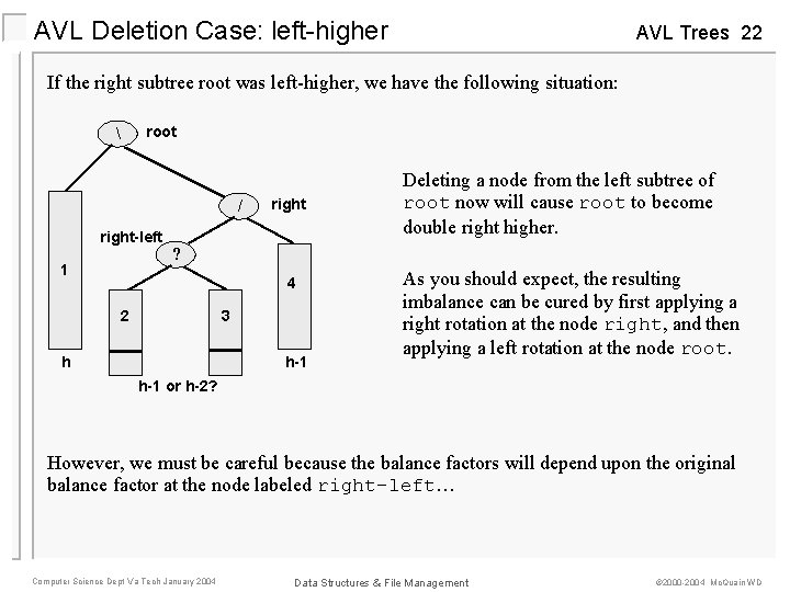 AVL Deletion Case: left-higher AVL Trees 22 If the right subtree root was left-higher,