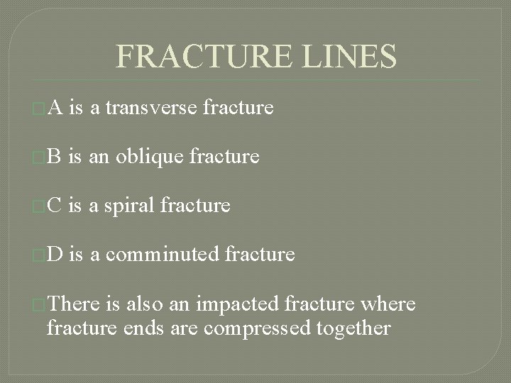 FRACTURE LINES �A is a transverse fracture �B is an oblique fracture �C is