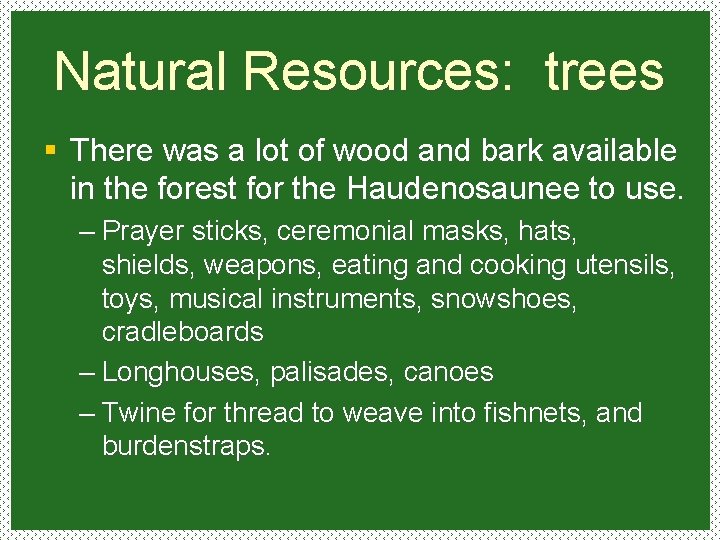 Natural Resources: trees § There was a lot of wood and bark available in