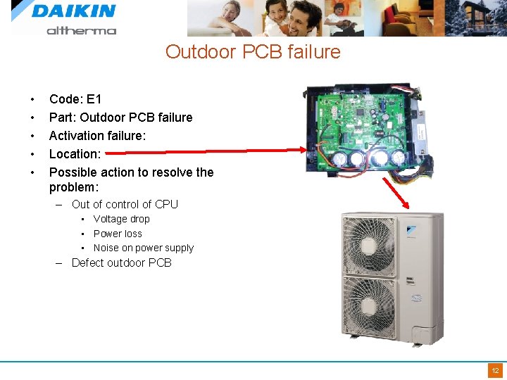 Outdoor PCB failure • • • Code: E 1 Part: Outdoor PCB failure Activation