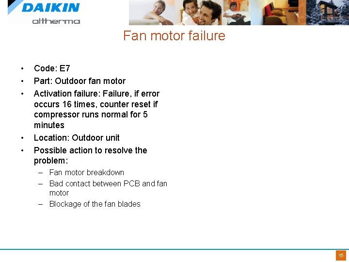 Fan motor failure • • • Code: E 7 Part: Outdoor fan motor Activation
