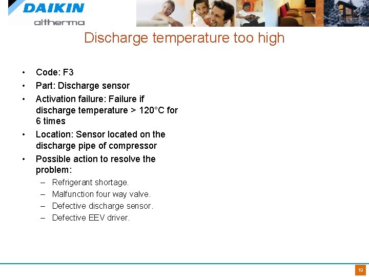 Discharge temperature too high • • • Code: F 3 Part: Discharge sensor Activation
