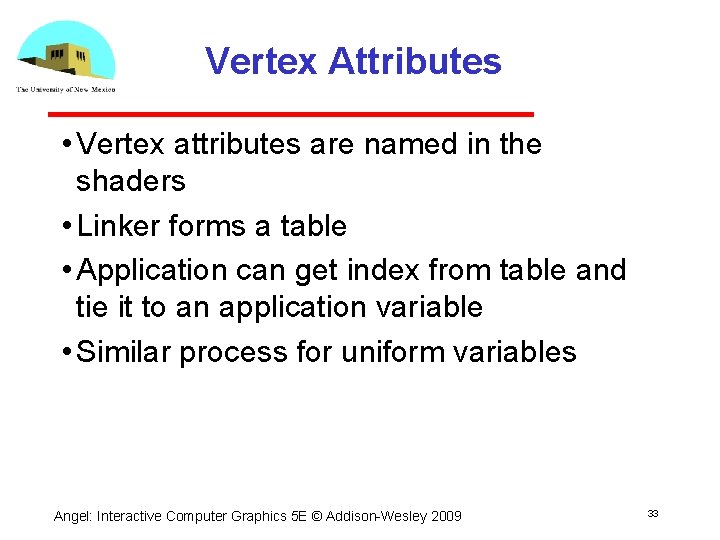 Vertex Attributes • Vertex attributes are named in the shaders • Linker forms a