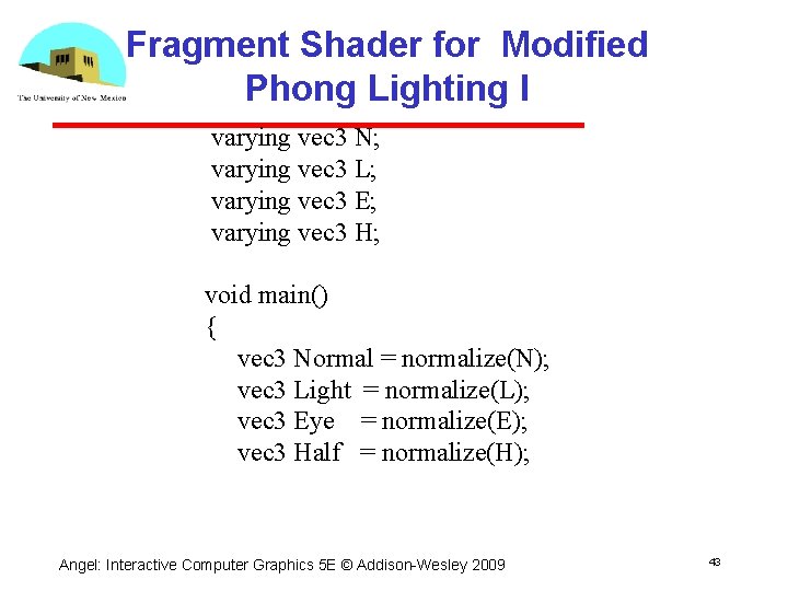 Fragment Shader for Modified Phong Lighting I varying vec 3 N; varying vec 3