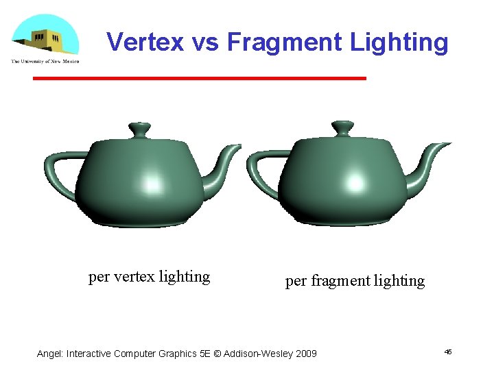 Vertex vs Fragment Lighting per vertex lighting per fragment lighting Angel: Interactive Computer Graphics