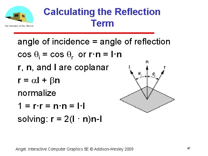 Calculating the Reflection Term angle of incidence = angle of reflection cos qi =