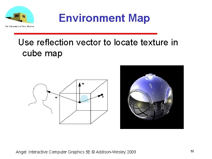 Environment Map Use reflection vector to locate texture in cube map Angel: Interactive Computer