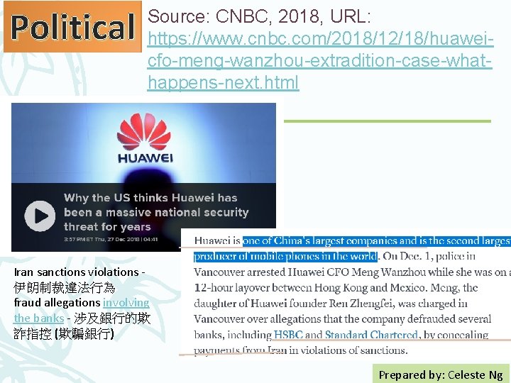 Political Source: CNBC, 2018, URL: https: //www. cnbc. com/2018/12/18/huaweicfo-meng-wanzhou-extradition-case-whathappens-next. html Iran sanctions violations -