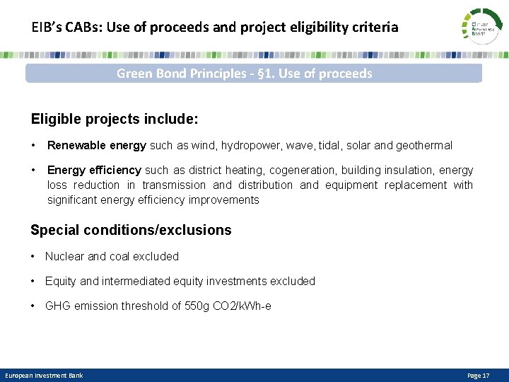 EIB’s CABs: Use of proceeds and project eligibility criteria Green Bond Principles - §