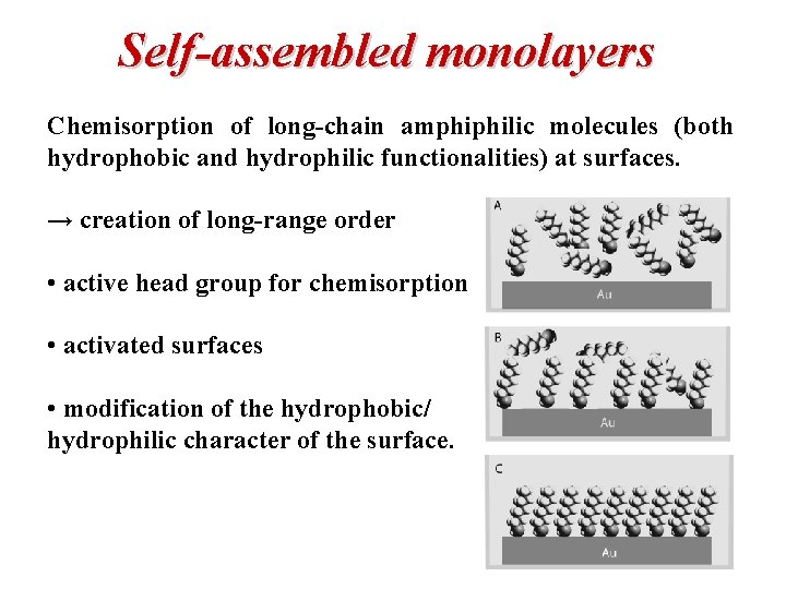 Self-assembled monolayers Chemisorption of long-chain amphiphilic molecules (both hydrophobic and hydrophilic functionalities) at surfaces.