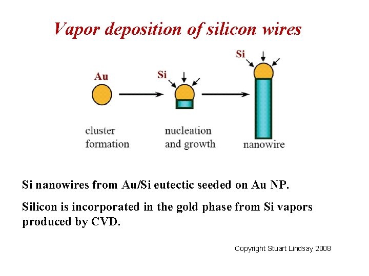 Vapor deposition of silicon wires Si nanowires from Au/Si eutectic seeded on Au NP.
