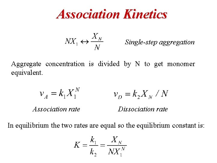 Association Kinetics Single-step aggregation Aggregate concentration is divided by N to get monomer equivalent.