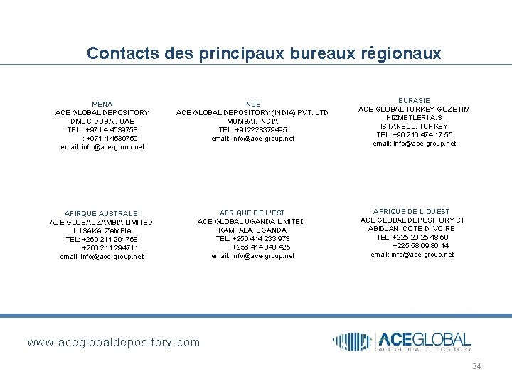 Contacts des principaux bureaux régionaux MENA ACE GLOBAL DEPOSITORY DMCC DUBAI, UAE TEL :