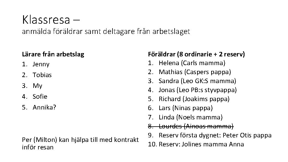 Klassresa – anmälda föräldrar samt deltagare från arbetslaget Lärare från arbetslag 1. Jenny 2.