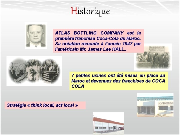 Historique ATLAS BOTTLING COMPANY est la première franchise Coca-Cola du Maroc. Sa création remonte