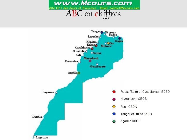 ABC en chiffres Rabat (Salé) et Casablanca : SCBG Marrakech : CBGS Fès :