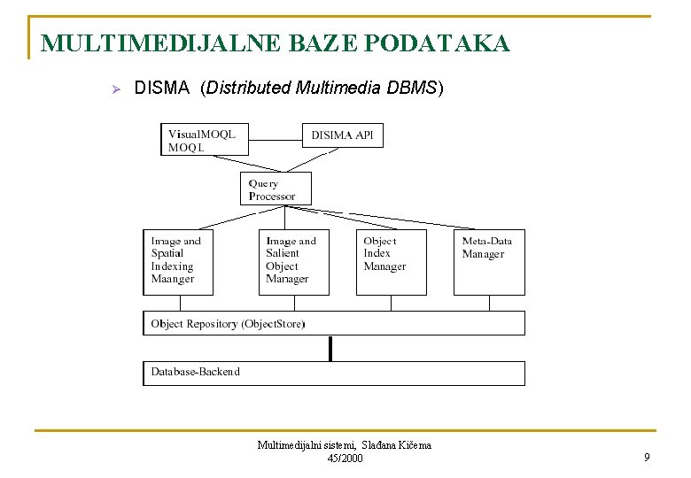 MULTIMEDIJALNE BAZE PODATAKA Ø DISMA (Distributed Multimedia DBMS) Multimedijalni sistemi, Slađana Kičema 45/2000 9