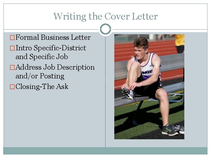 Writing the Cover Letter �Formal Business Letter �Intro Specific-District and Specific Job �Address Job