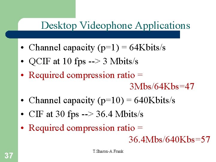 Desktop Videophone Applications • Channel capacity (p=1) = 64 Kbits/s • QCIF at 10