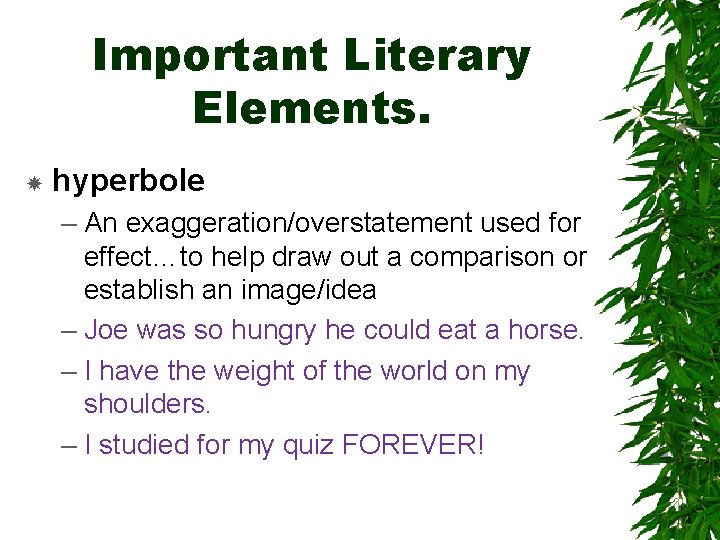 Important Literary Elements. hyperbole – An exaggeration/overstatement used for effect…to help draw out a