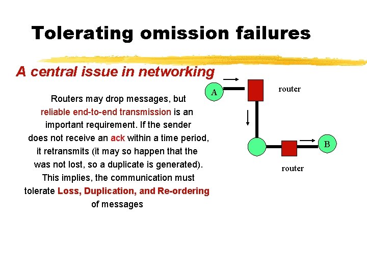 Tolerating omission failures A central issue in networking Routers may drop messages, but reliable
