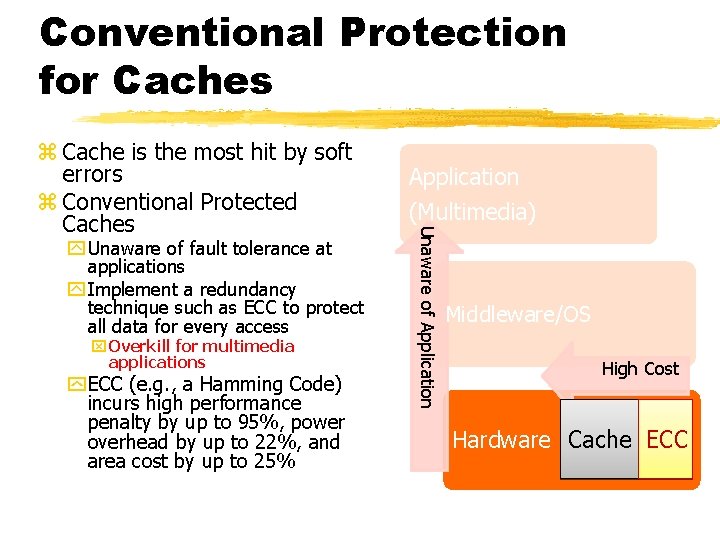 51 Conventional Protection for Caches y Unaware of fault tolerance at applications y Implement