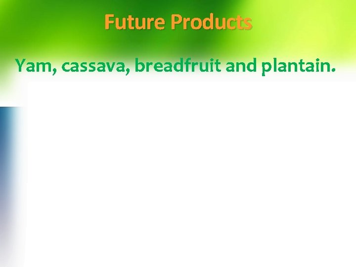 Future Products Yam, cassava, breadfruit and plantain. 