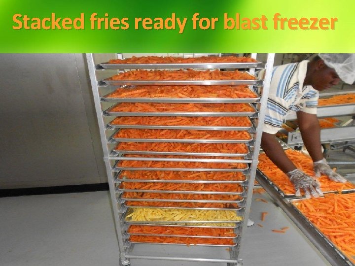 Stacked fries ready for blast freezer 