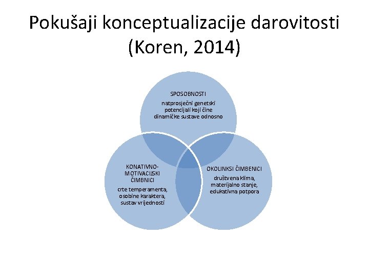 Pokušaji konceptualizacije darovitosti (Koren, 2014) SPOSOBNOSTI natprosječni genetski potencijali koji čine dinamičke sustave odnosno