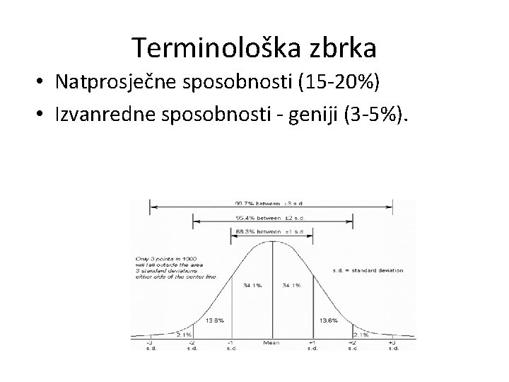 Terminološka zbrka • Natprosječne sposobnosti (15 -20%) • Izvanredne sposobnosti - geniji (3 -5%).
