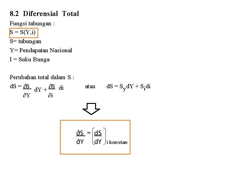 8. 2 Diferensial Total Fungsi tabungan : S = S(Y, i) S= tabungan Y=