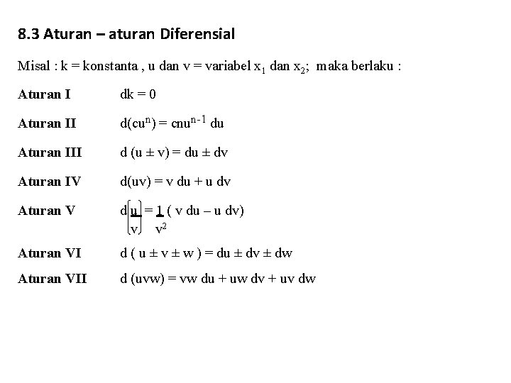 8. 3 Aturan – aturan Diferensial Misal : k = konstanta , u dan