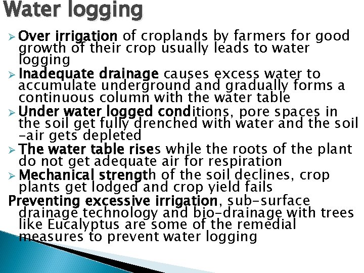 Water logging Ø Over irrigation of croplands by farmers for good growth of their