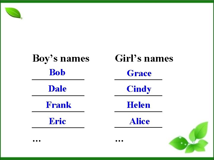 Boy’s names Girl’s names Bob ______ Dale ______ Grace _____ Cindy _____ Frank ______