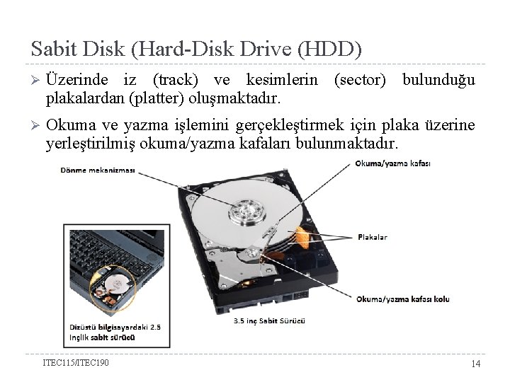 Sabit Disk (Hard-Disk Drive (HDD) Ø Üzerinde iz (track) ve kesimlerin (sector) bulunduğu plakalardan