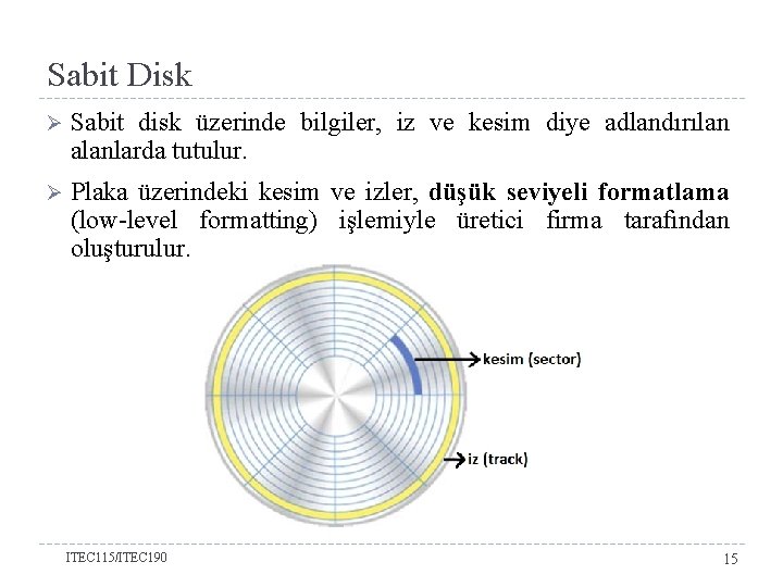 Sabit Disk Ø Sabit disk üzerinde bilgiler, iz ve kesim diye adlandırılan alanlarda tutulur.