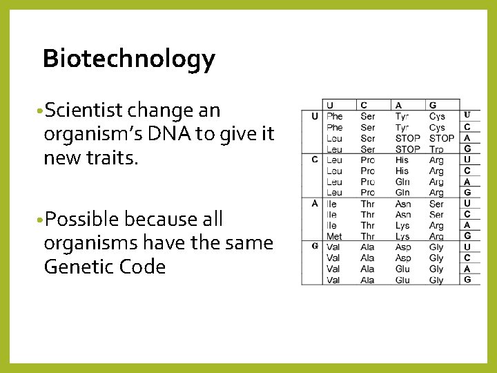 Biotechnology • Scientist change an organism’s DNA to give it new traits. • Possible