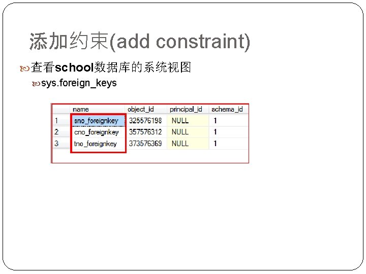 添加约束(add constraint) 查看school数据库的系统视图 sys. foreign_keys 
