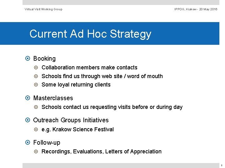Virtual Visit Working Group IPPOG, Krakow - 20 May 2016 Current Ad Hoc Strategy