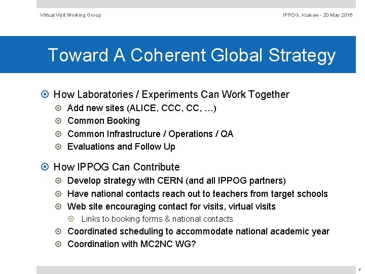 Virtual Visit Working Group IPPOG, Krakow - 20 May 2016 Toward A Coherent Global