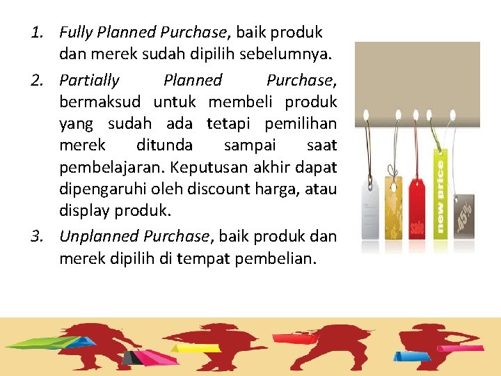 1. Fully Planned Purchase, baik produk dan merek sudah dipilih sebelumnya. 2. Partially Planned