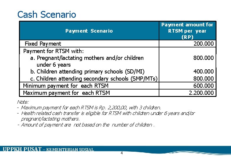 Cash Scenario Payment amount for RTSM per year (RP) Payment Scenario Fixed Payment for