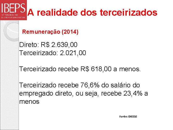 A realidade dos terceirizados Remuneração (2014) Direto: R$ 2. 639, 00 Terceirizado: 2. 021,