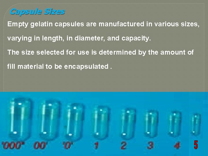 Capsule Sizes Empty gelatin capsules are manufactured in various sizes, varying in length, in