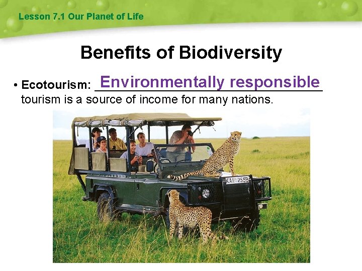 Lesson 7. 1 Our Planet of Life Benefits of Biodiversity Environmentally responsible • Ecotourism: