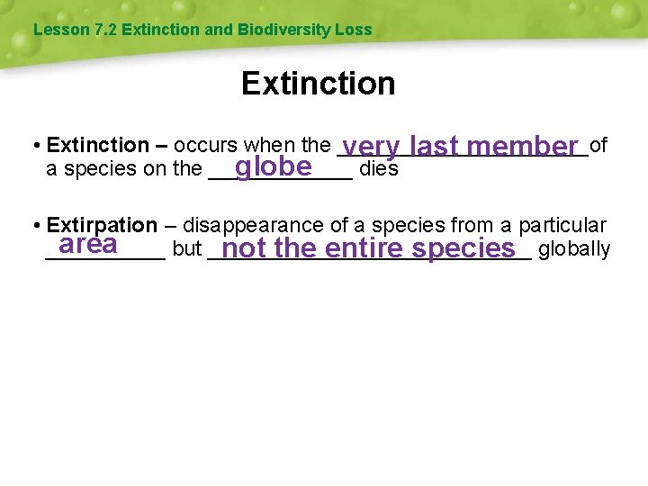 Lesson 7. 2 Extinction and Biodiversity Loss Extinction • Extinction – occurs when the