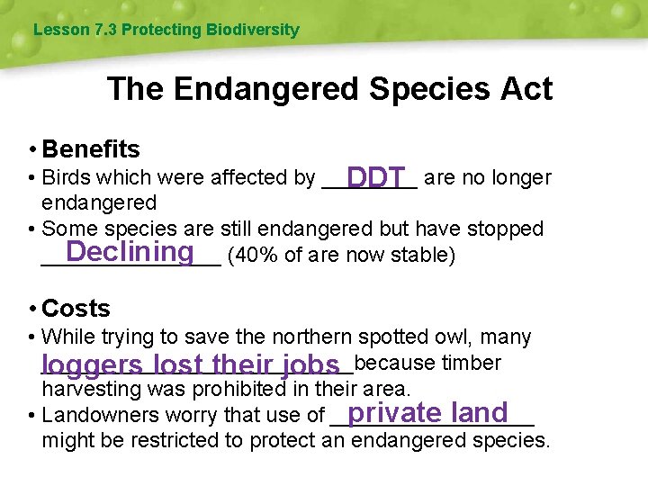 Lesson 7. 3 Protecting Biodiversity The Endangered Species Act • Benefits • Birds which