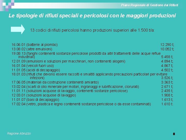 Piano Regionale di Gestione dei Rifiuti Le tipologie di rifiuti speciali e pericolosi con