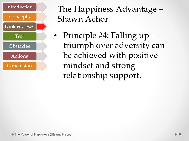 Introduction Concepts Book reviews Test Obstacles Actions Conclusion The Happiness Advantage – Shawn Achor