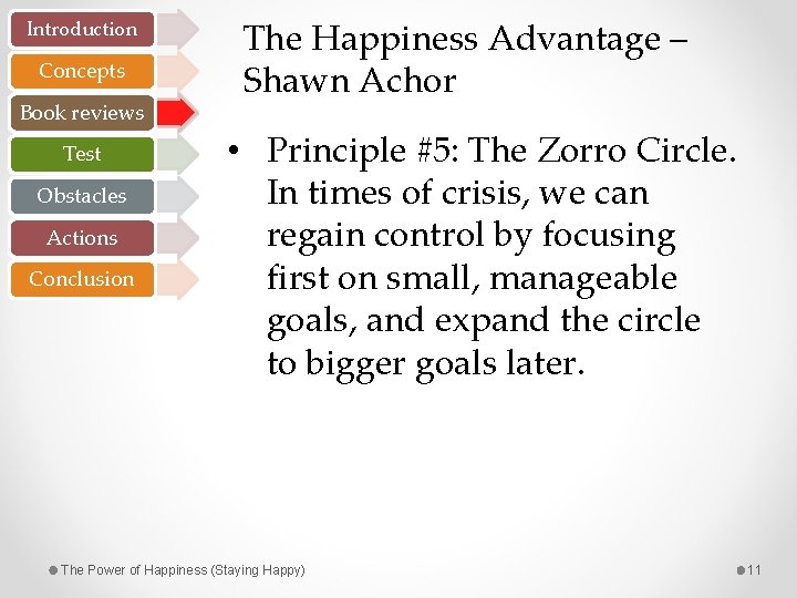 Introduction Concepts Book reviews Test Obstacles Actions Conclusion The Happiness Advantage – Shawn Achor